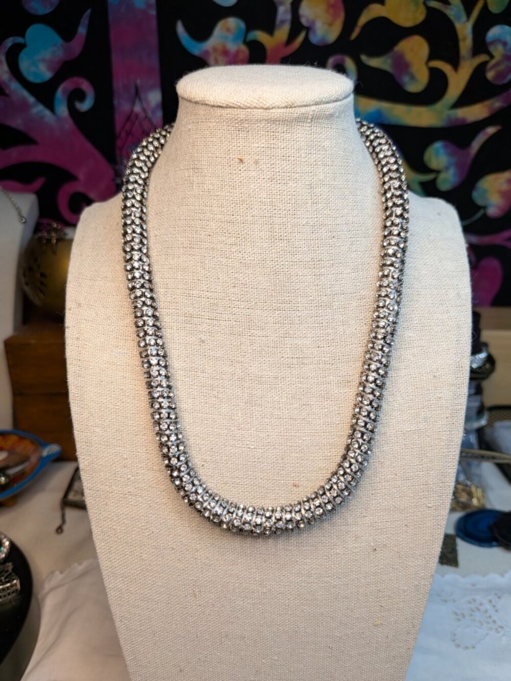 Vintage Style Gunmetal Mesh Rhinestone Collar Necklace 18" + 4" Extender